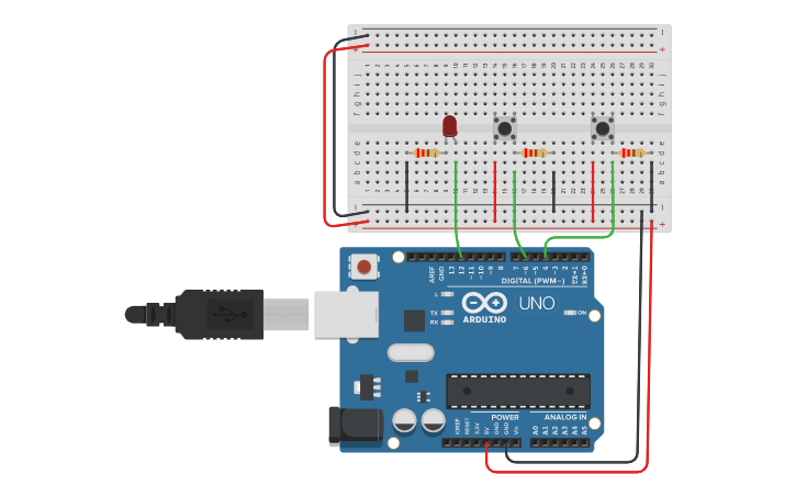 Circuit design ENCENDIDO Y APAGADO LED DOS PULSADORES - Tinkercad