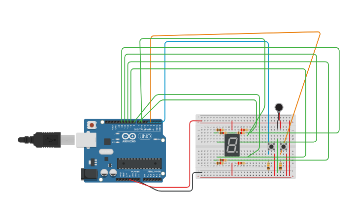 Circuit design 7 segmentos con pulsador - Tinkercad