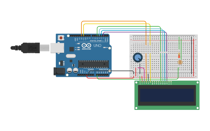Circuit design Project - Interface data sensor cahaya di LCD - Tinkercad