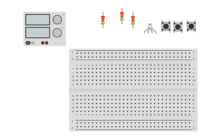 Circuit design One RGB LED with Three Pushbuttons - Tinkercad