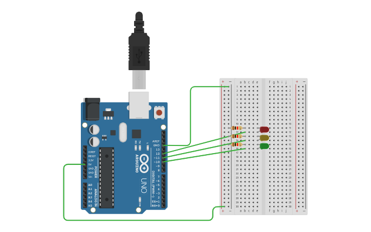 Circuit design Controlling a traffic light - Tinkercad