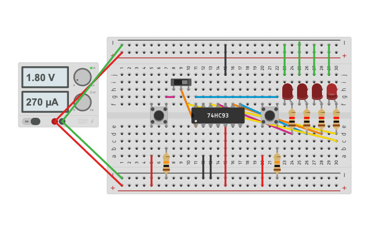 Circuit design button 4 bit bianary - Tinkercad