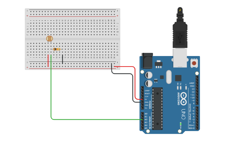 Circuit design Simple photo resistor example - Tinkercad