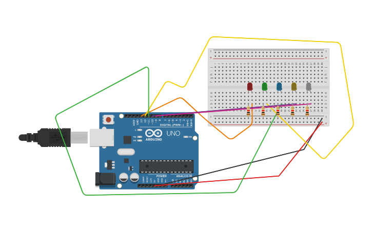 Circuit design RGBYW Using Arduino Uno R3 - Tinkercad