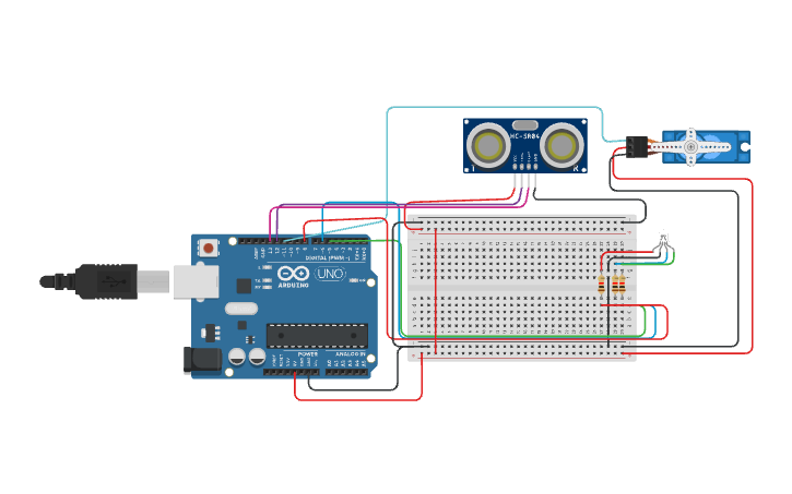 Circuit design Ultrasonic sensor with Servo Motor and RGB LED - Tinkercad