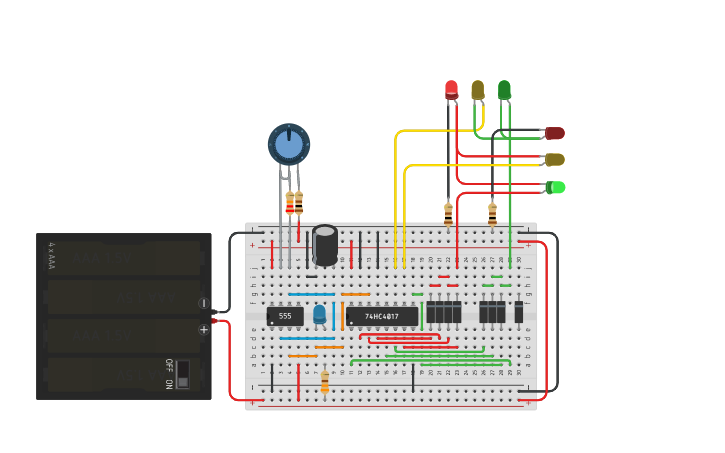 Circuit design Traffic Lights with 555 and 4017 - Tinkercad