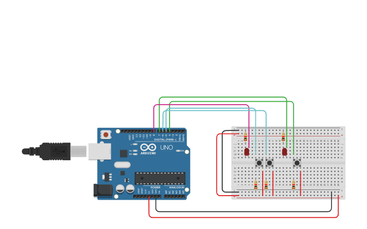 Circuit design Arduino con pulsadores y leds - Tinkercad
