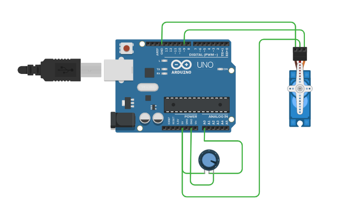 Circuit design servo motor controlled by potentiometer - Tinkercad