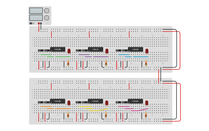 Circuit design AND, OR, XOR, NAND, NOR, NOT - Tinkercad
