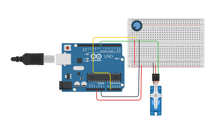 Circuit design Potentiometer using Servo motor - Tinkercad