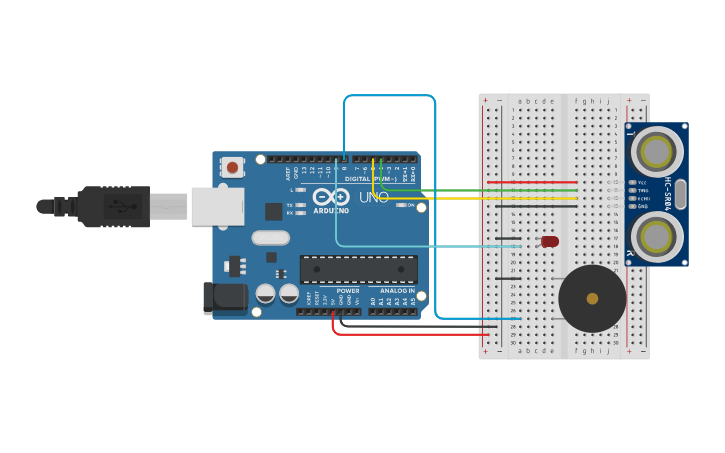 Circuit design Ultrasonic Led Buzzer - Tinkercad