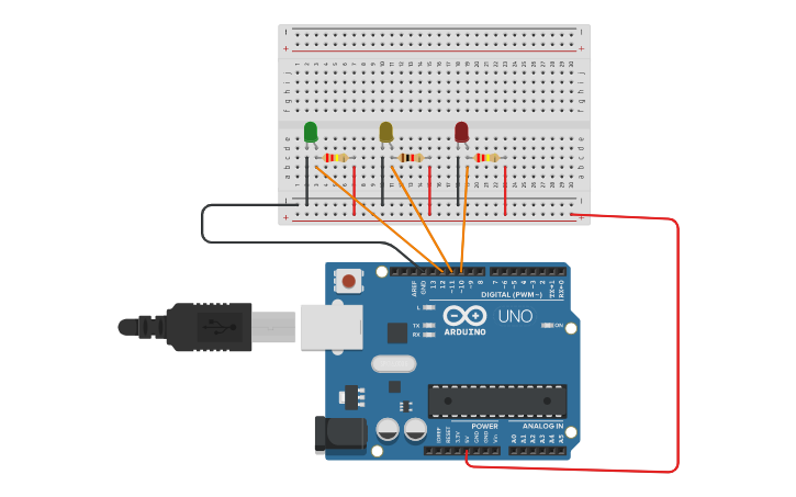Circuit design 3 LEDs (without pushButton) - Tinkercad