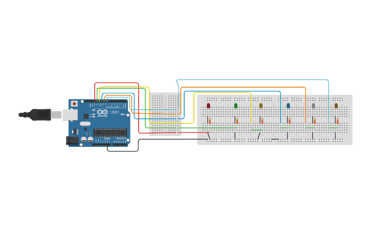Circuit design 5 leds blink using for loop - Tinkercad