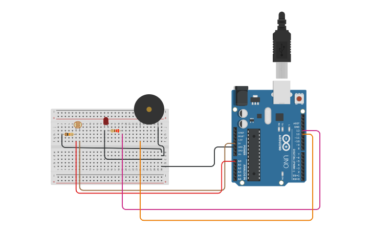Circuit design Buzzer and LED using Arduino and LDR - Tinkercad