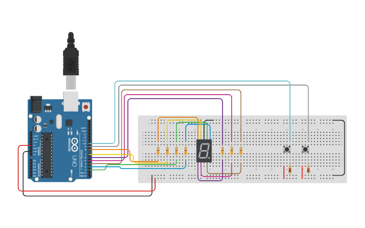 Circuit design 31. Display 7 Segmentos Pulsadores - Tinkercad