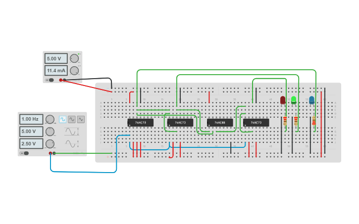 Circuit design 3-bit synchronous binary counter - Tinkercad