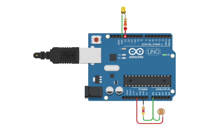Circuit design litar LED dan LDR - Tinkercad