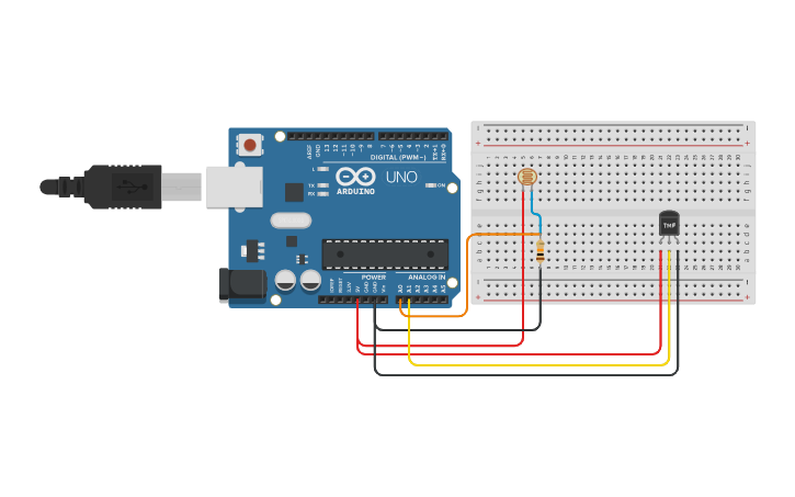 Circuit design Light and Temp Sensor - Tinkercad