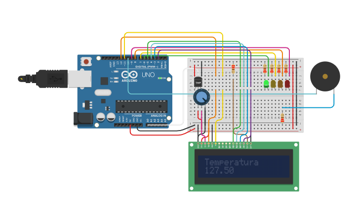 Circuit design SENSOR DE TEMPERATURA CON PANTALLA LCD - Tinkercad