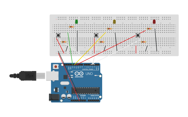 Circuit design 3 leds - Tinkercad