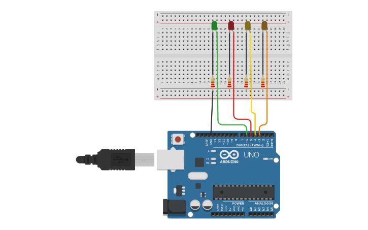 Circuit design 4-Bit counter using LED(Decimal to Binary) - Tinkercad