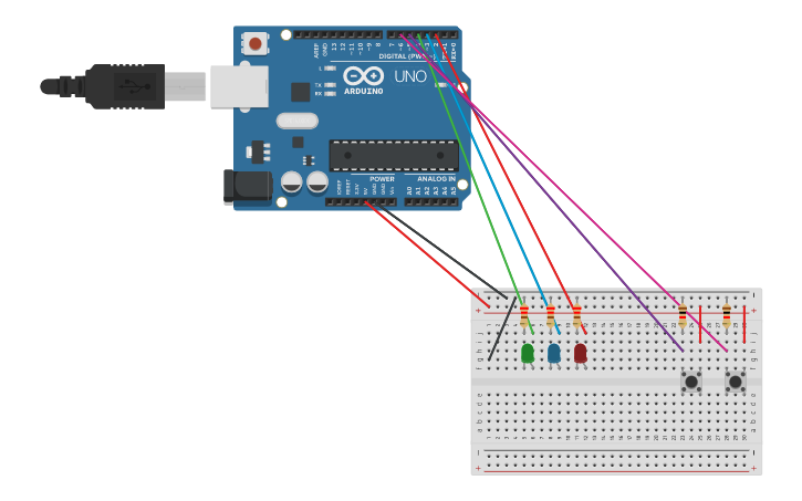 Circuit design 3 LEDs and 2 Buttons - Tinkercad