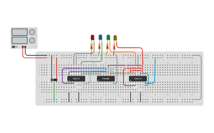 Circuit design 4 bit synchronous up counter using JK flip flop - Tinkercad