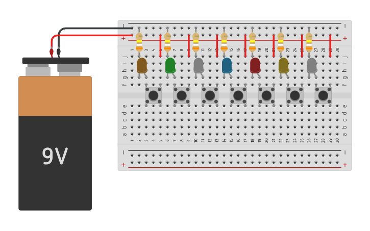 Circuit design 7 leds, 7 resistencias, 7 pulsadores - Tinkercad