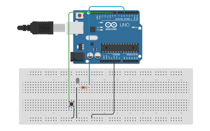 Circuit design Blinking LED with button - Tinkercad