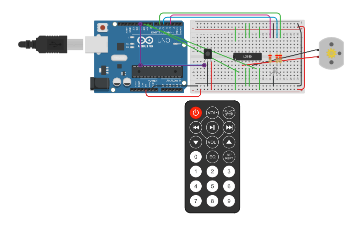 Circuit design DC motor , RGB and ir - Tinkercad