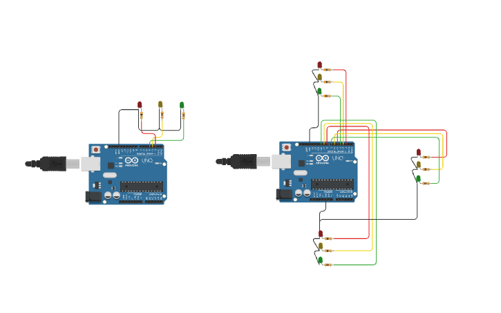 Circuit design Three leds - Tinkercad