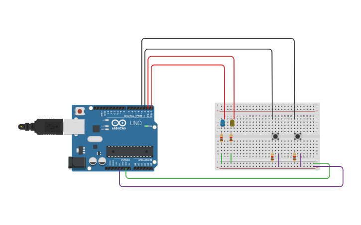 Circuit design 2 Leds 2 Botões - Tinkercad