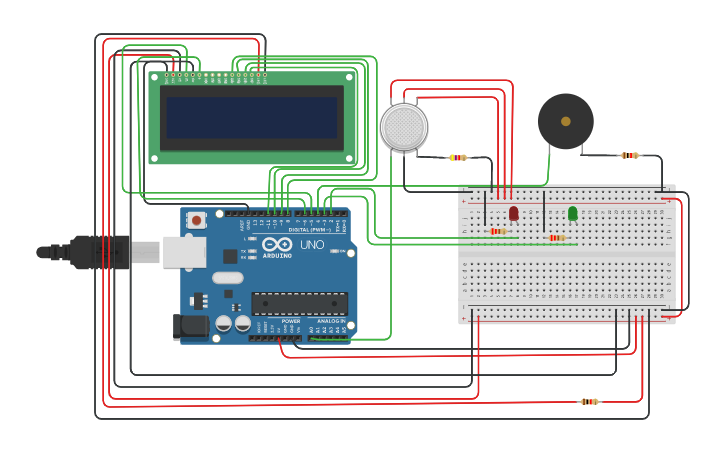 Circuit design GAS DETECTING ALARM SYSTEM USING ARDUINO - Tinkercad