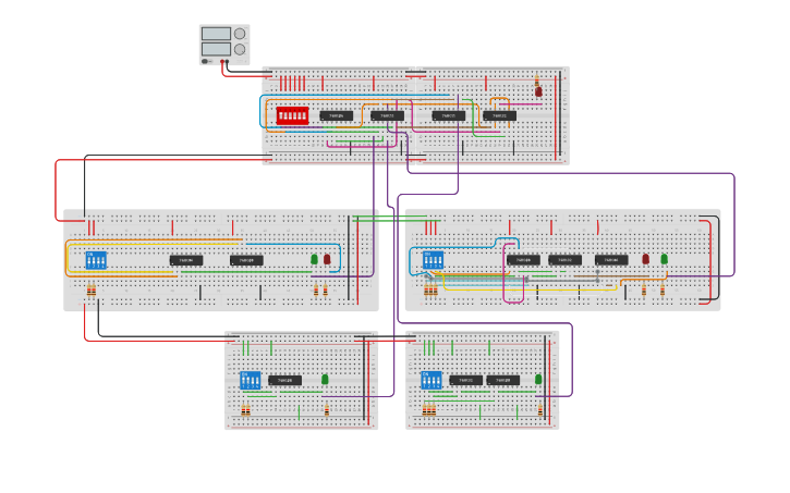 Circuit design 4x1:Sumador 1/2, Sumador, Multiplicador - Tinkercad