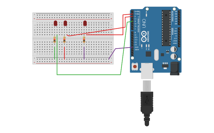Circuit design circuit with three LEDs - Tinkercad