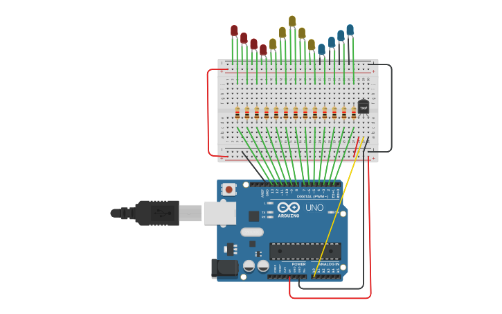 Circuit design ARDUINO TREE LIGHTS BY TEMPERATURE - Tinkercad