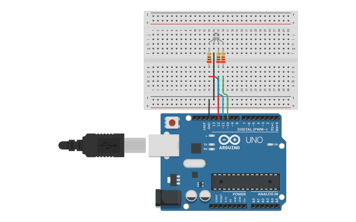 Circuit design Arduino LED RGB colour change - Tinkercad