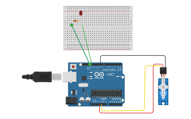 Circuit design Servo Motor and LED - Tinkercad