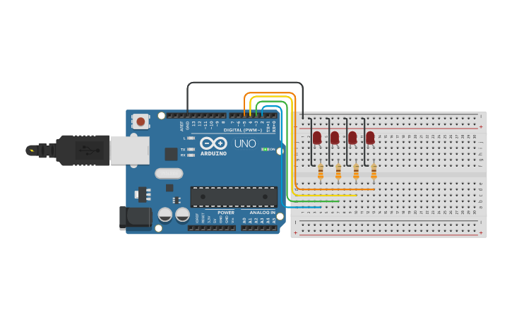 Circuit design Secuencias de 4 leds con uso del 'for' - Tinkercad