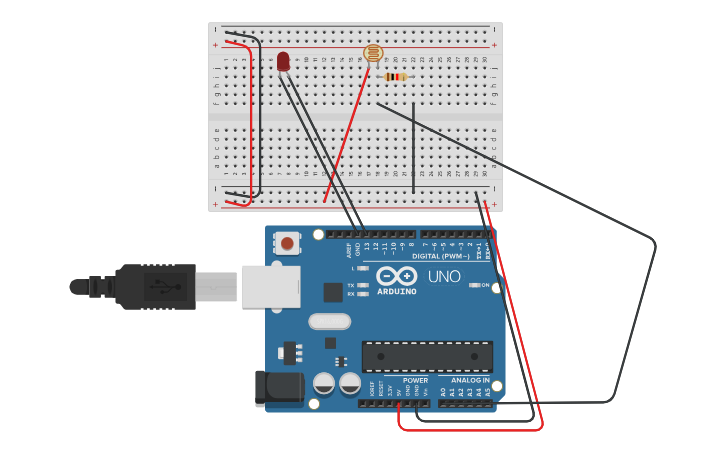 Circuit design detection of light using photoresistor - Tinkercad