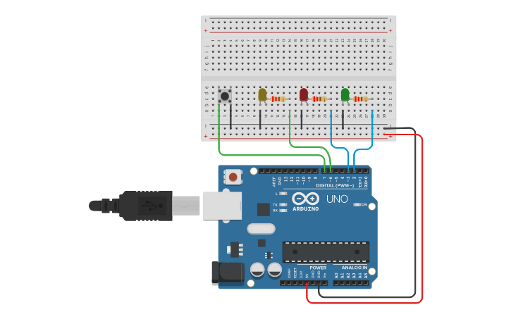 Circuit design Blink without delay and debounce of push button - Tinkercad