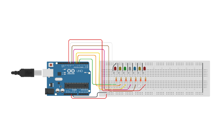 Circuit design Prender leds rapidos en secuencia - Tinkercad
