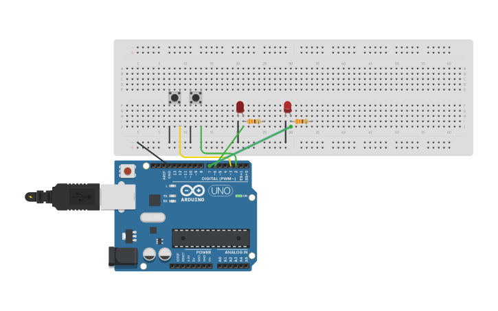 Circuit design Multiple Button counter with LEDS - Tinkercad