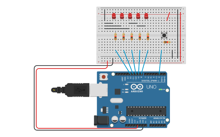 Circuit design LEDS + BUTTON + FOR - Tinkercad