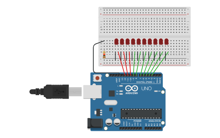 Circuit design 10 leds arduino - Tinkercad