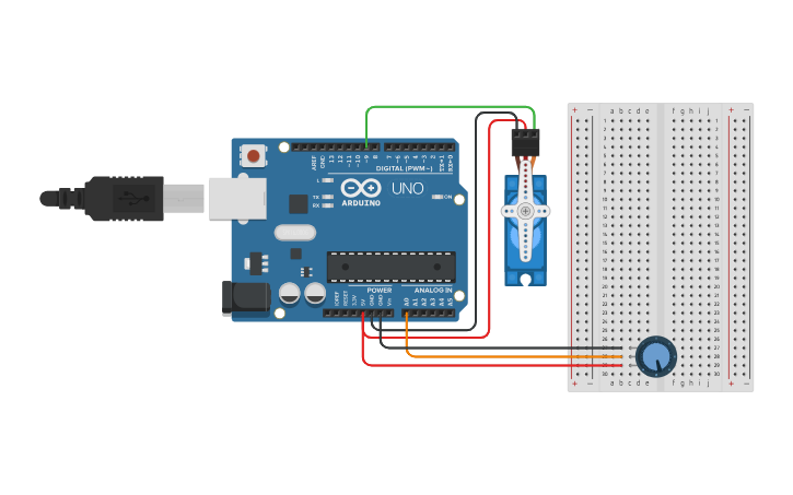 Circuit design Servo Motor angle controlled by potentiometer - Tinkercad