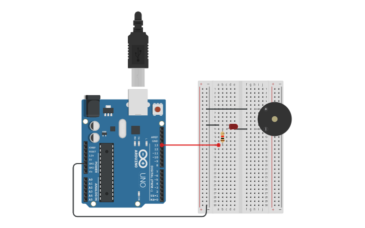 Circuit design Blinking LED with Piezo Buzzer - Tinkercad