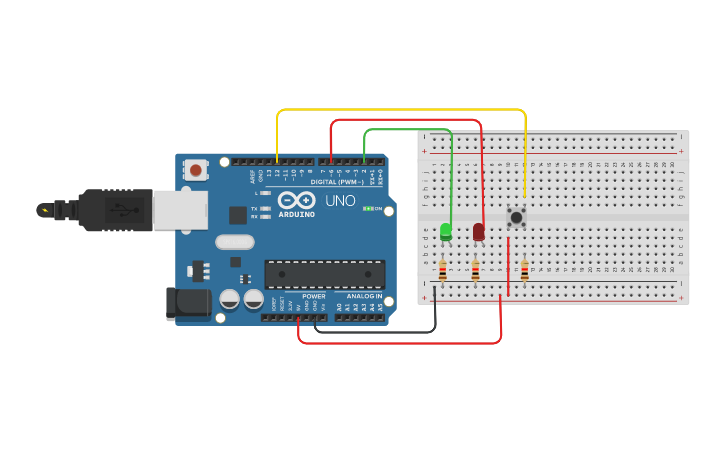 Circuit design Copy of Circuito #10 - Pulsador y dos LED - Tinkercad