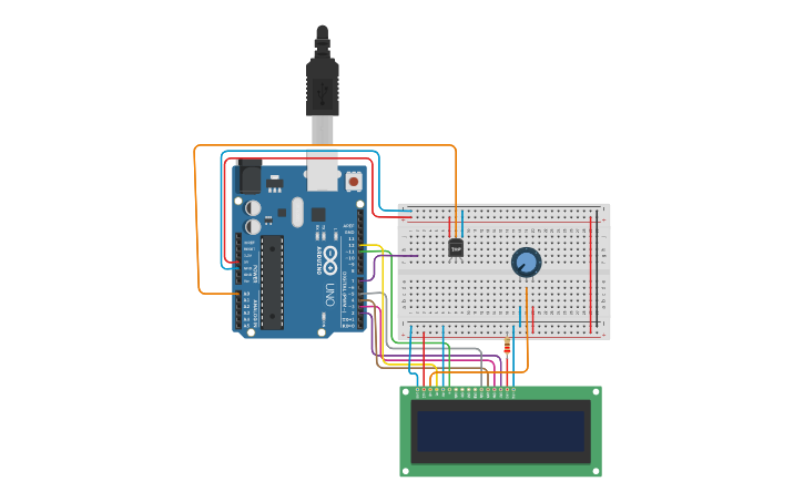 Circuit design MENSAJE PANTALLA LCD CON SENSOR TEMPERATURA - Tinkercad