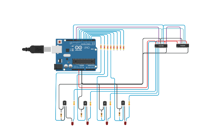 Circuit design Arduino to daisy chained 74HC595's - Tinkercad